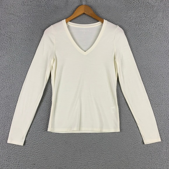 Unbound Merino Tops - Unbound Merino Long Sleeve V-Neck T-Shirt Womens Medium M Ivory Cream Wool Layer